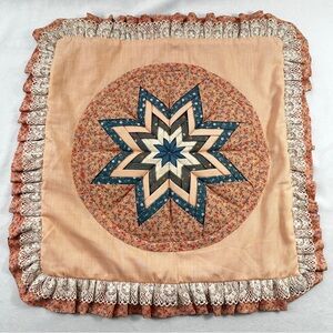 Vintage Pillow Case Cover Handmade Patchwork Pointed Star Pink Ruffle Floral